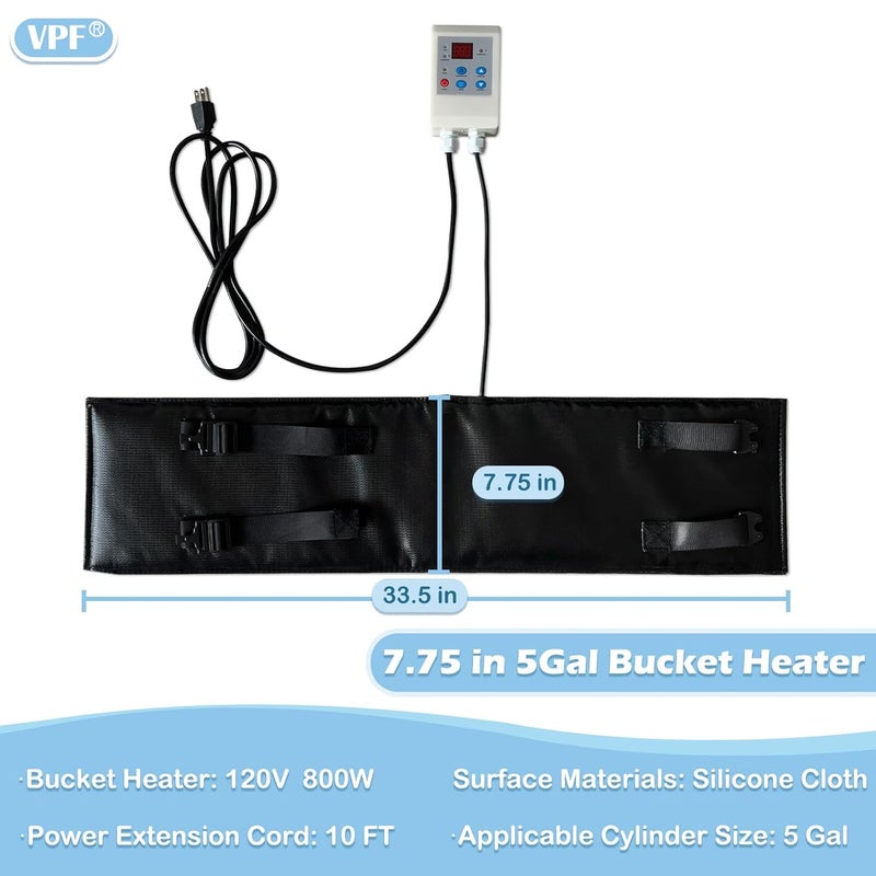 VPF 5 Gallon Bucket Heater Pro Kit - 800W 120V Drum Heating Blanket with 0-212℉ Adjustable Thermostat & 24H Timer, FCC/UL Certified Insulated Metal Barrel Heater for Propane Tanks, Industrial Barrels - Image 3